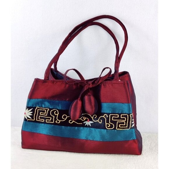 Asian Inspired Handbag Satin Look Burgundy Gold Tone Thread Embordered Flowers - Picture 1 of 9